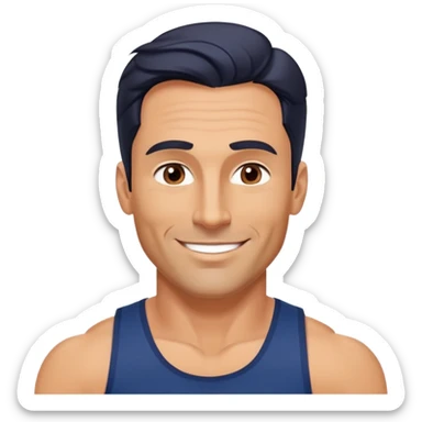 Fit 40-year-old man with tanned skin, long face, chiseled jawline. Attractive features with dark eyes, well-defined arched eyebrows, straight nose. Confident smile. Medium-length wavy dark hair styled in contemporary fashion. Wearing a dark blue tank top. sticker