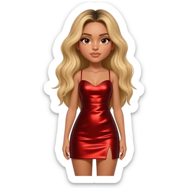 Lele Pons with light skin, long blonde hair, red metallic short dress sticker