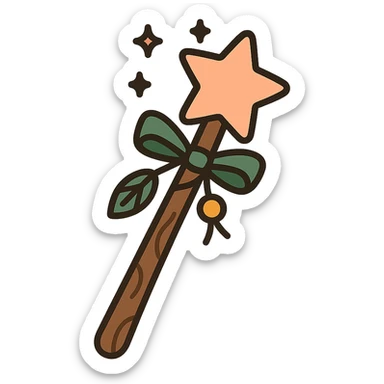 A cute and magical wand with an elegant, whimsical design, incorporating a color palette of golden orange (FA9B41), forest green (4A7C5C), soft taupe brown (96775A), and pastel peach (FFCC9A). The wand is slender and slightly curved, made of smooth wood with delicate carvings. At the top, there's a glowing gem or star in peachy tones, surrounded by tiny sparkles. Decorative elements like a ribbon, tiny leaves, or a small charm add a cozy, storybook-like charm. The overall look is gentle, enchanting, and magical, perfect for a forest fairy or a kindhearted young wizard. sticker
