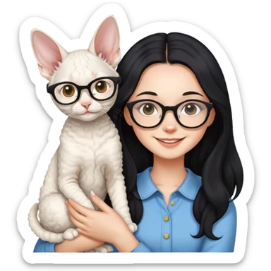 A girl with long black hair and glasses is smiling and holding a white Devon Rex sticker