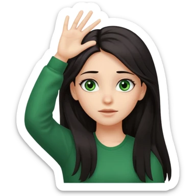 Animated girl dark long hair green eyes emoji holding right side of the head with her hand with duh facial expression , hand on top of her head sticker