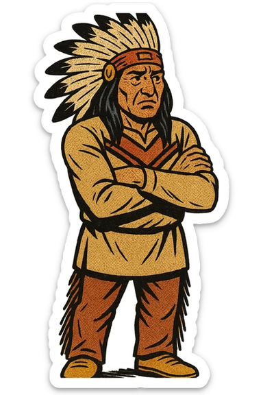 The full body of A native American Indian chief from the 1800s standing looking concerned with his arms crossed sticker