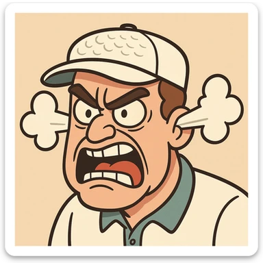 furious golfer's face, steam from ears, golf hat, animated style, bold lines sticker