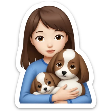 A fringe long hair asian girl brown hair with white skin hug with seymour puppy sticker