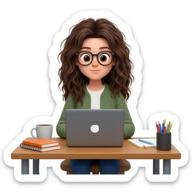 girl with messy long  hair and glasses working from home  on PC sticker