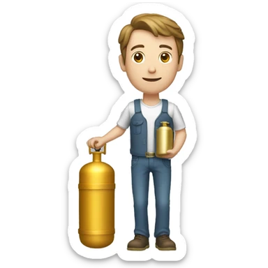 thin, white man, 1.71 tall, holding a gold gas cylinder sticker