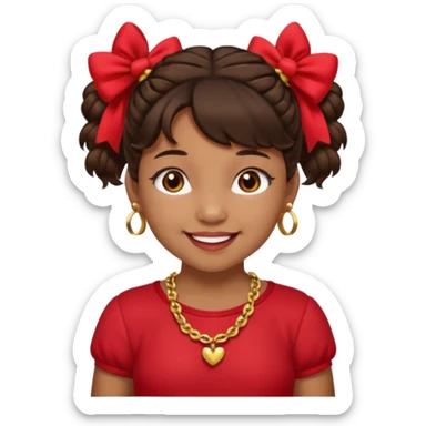 Brownskin girl dark brown hair fluffy. pigtails with red bows brown eyes smiling closed mouth red shirt gold esrrings gold necklace sticker