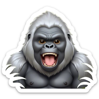 Cinematic Cute Yawning Silverback Gorilla Portrait Emoji, Head tilted slightly with a dramatic, wide-open yawn, showcasing a formidable build with a silvery mane and drowsy, half-closed eyes, Simplified yet irresistibly adorable features, highly detailed, glowing with a soft, cozy jungle glow, high shine, relaxed yet expressive, stylized with a dash of whimsical primate charm, soft glowing outline, capturing the essence of a drowsy yet affectionate guardian that appears ready to stretch out for a nap! sticker