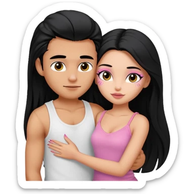 generate a pretty tan bratz boy wearing a white tshirt. Hugging a fair girl with long black hair, eyeliner, wearing a pink cami.  sticker