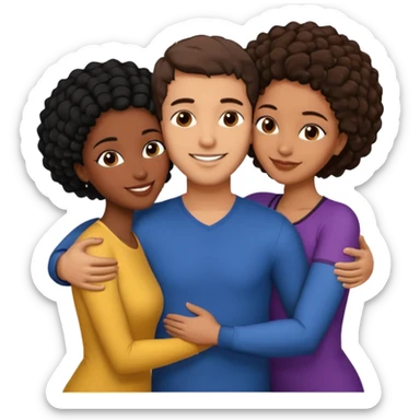  middle Eastern man with short brown hairwith two black african women both are African one is medium tone skin black and one is medium tone black with african hair styles. and they are all smiling and putting their arms around each other and kissing and hugging. sticker
