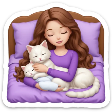 White Barbie girl  Chestnut Chestnut brown long wavy hair sleeping with white kitty at lavander bed sticker