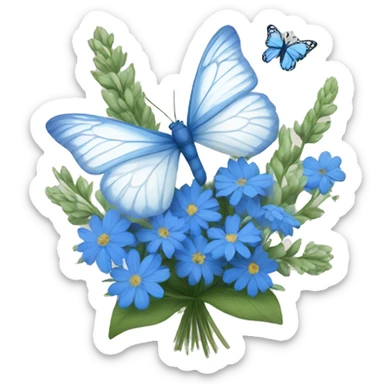 Bouquet of blue wildflowers with a white butterfly  sticker