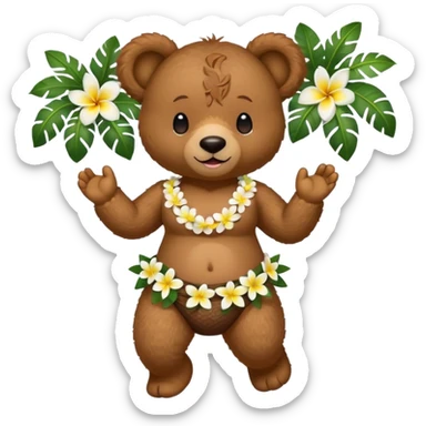 brown teddy bear wearing a coconut bra and a plumeria lei, dancing the hula sticker