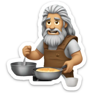  Caveman with long gray hair and a gray goatee cooking pancakes  sticker