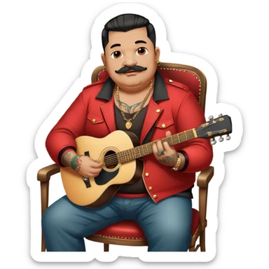 Icon for Chanson: Old fat chanson singer with tattoos and small moustache, red jacket, gold chains and braslettes, sitting on a chair with an acoustic guitar and standing microphone. No earrings. The atmosphere should reflect a nostalgic, soulful vibe with vintage elements. Transparent background. sticker
