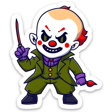 evil clown warrior, bald, small black horns on forehead, fangs, pointed ears, eye patch over one eye, long coat over black and military green leisure suit with bellbottom pants, tail, holding a whip, no knife, realistically proportioned, less bulky, full body visible, battle-ready fighting posture sticker
