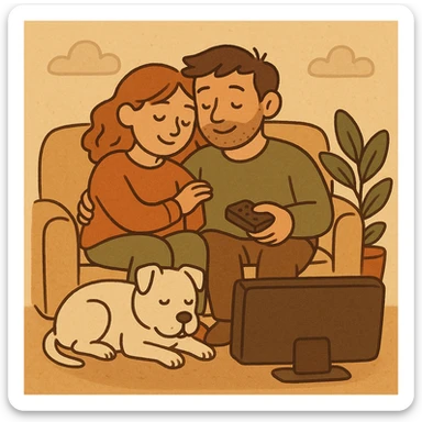 cartoon style, boyfriend and girlfriend cuddling while watching TV, white pitbull at their feet, soft lighting, homey vibe sticker