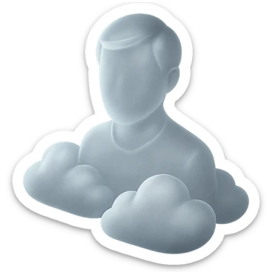 white person facing forward, cloud silhouette up to the shoulders, fluffy voluminous clouds, matte glass style sticker