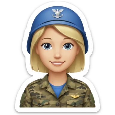 Apple-style emoji: female soldier, bust, no cap/helmet, friendly smile, generic camo top, blonde hair sticker
