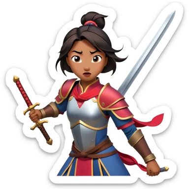 Cinematic Funny Mulan Portrait Emoji, Wearing her training armor too big, looking surprised as a sword nearly topples her over, a mix of warrior determination and hilarious inexperience, a comical yet endearing moment in her transformation! sticker