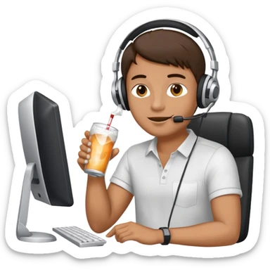 Hombre tomando blanco un refresco frente a un ordenador sticker