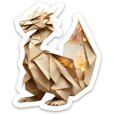 Beige Origami dragon made of newspapers on fire surrounded by fairy lights swirls covered in dried flowers bokeh library bunting floral flowers fire flames sticker