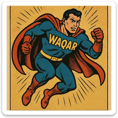 superhero character with the name Waqar on the costume, dynamic pose, bold colors, comic book style sticker
