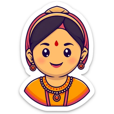 A cheerful Indian aunt (mausi) character with a plump face, smiling, wearing traditional Indian clothing and a bindi sticker