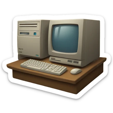 old computer with the screen on, front view sticker