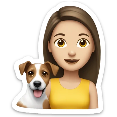 Brunette long haired white girl wearing yellow top with jack russell sticker
