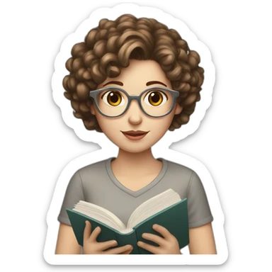 white girl with round silver glasses and really short brown curly hair reading a book sticker