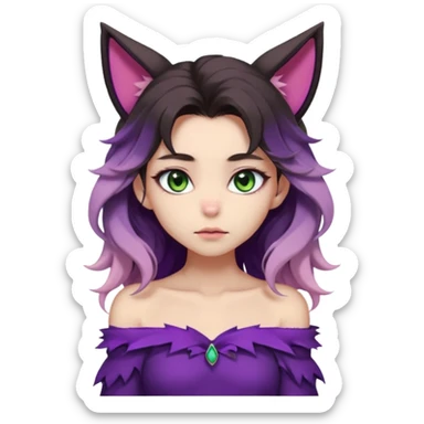 1 girl, long beautiful wavy black-brown-beige-gradients hair, vibrant and soft color palette, pointy furry ears, violet clothing, green eyes, slit pupils, young, skinny, japanese themed, pastel, dark, gloomy, edgy, shy expression, blush, (off shoulder) sticker