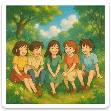 Three girls and two boys sitting together on a grassy hill, smiling and laughing, in a Ghibli-style scene with lush backgrounds and magical atmosphere. sticker