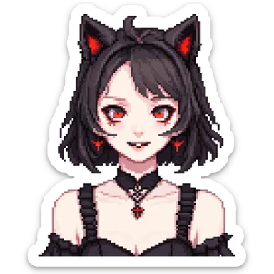neko anime girl emoji, gothic black dress, glowing red eyes, fanged smirk, pale skin, cat ears, dark vibe sticker