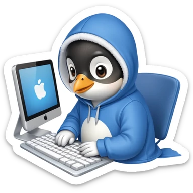 A cute penguin wearing a cozy hoodie typing on a computer keyboard sticker