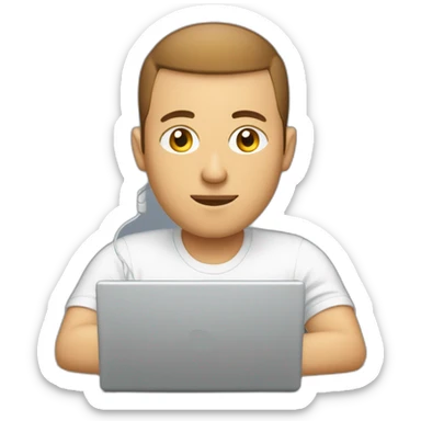 software engineer (white male, brown buzz cut hair, white gold earrings) in front of laptop, apple-style, on the phone sticker