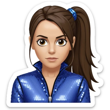 Mel C from Spice Girls with long dark brown ponytail hair, perwinkle sequin outfit, light skin sticker