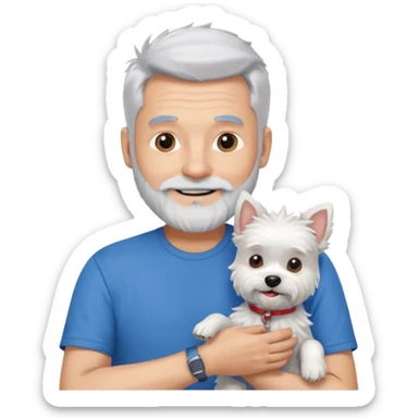 handsome gentleman, 60 years old, spiky crew cut silver hair, full beard, wearing a blue t-shirt, smiling and holding a maltese dog sticker