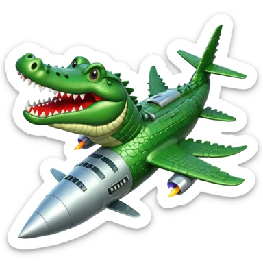 Head of Crocodile with body like a bombardier, bomb, and airplane elements. Green crocodile, steel/metal accents. Flying through the air, grinning, with a rocket below. Dynamic, fun, a bit fierce sticker