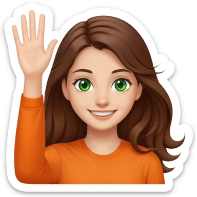 smiling girl with long brown hair, middle hair split, waving, green eyes, orange shirt sticker
