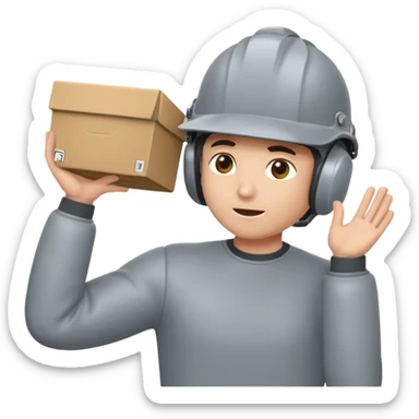 Tengo que dar una capacitacion de orgonomia, necesito un emoji de un operario con casco blanco y buzo gris de manga larga que levante una caja cerrada con las dos manos a la altura de los hombros y que tenga cara de esfuerzo fisico sticker