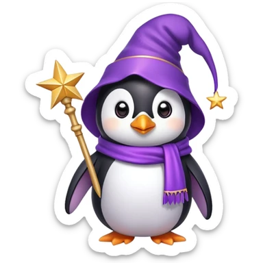 A cute penguin wearing a purple wizard hat and holding a magic wand with a star on the tip sticker