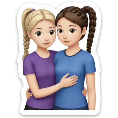 Comforting Hug two white skin women, one shorter woman with medium brown simple top ponytail, not braided, and one taller woman with a single long black side braid sticker