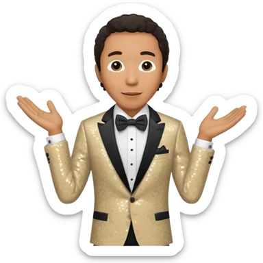 Smokey Robinson with dark brown hair, beige sequin suit with bow tie sticker