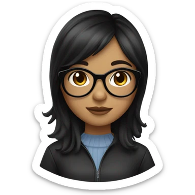 girl with slightly wavy black hair medium length  in layers has curtain bangs tanned skin brown eyes black circular glasses sticker