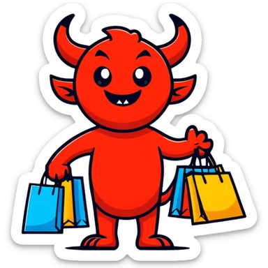 Devil character with shopping bags, excited about shopping sticker