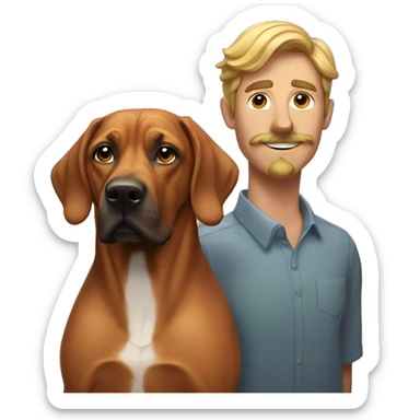 white male with long rainbow colored hair and a curled mustache standing alongside a brown rhodesian ridgeback dog sticker