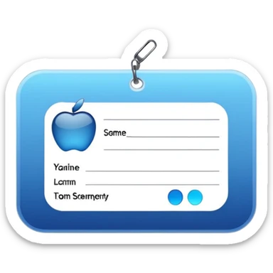 business identification card with rounded corners, blue-silver gradient background, placeholder lines for text, generic photo silhouette on left, Apple emoji style, transparent background sticker