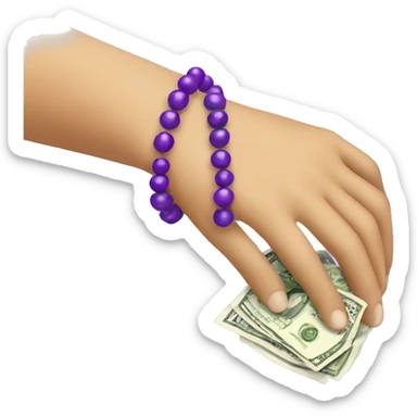 hand with purple bead bracelet holding money sticker