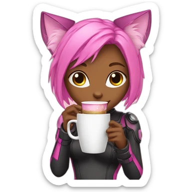 pink-techno-catgirl drinking coffee sticker